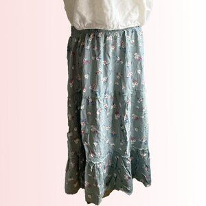 Rayon floral sage green tiered midi skirt with smocked waist by Pink Rose